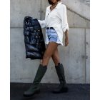 Turn-down Collar Long-Sleeve Front Button Backless Shirt Metal Chain Decor Blouses with Patch Pocket