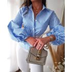 Striped Print Turn-Down Collar Lantern Sleeve Slim Fit Blouse Front Button Casual Top