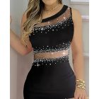 Rhinestone Sheer Mesh Bandeau Slim Fit Sleeveless Sexy Bodycon