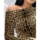 Leopard Print Cold Shoulder Slim Fit Long Sleeve Tee Casual Top