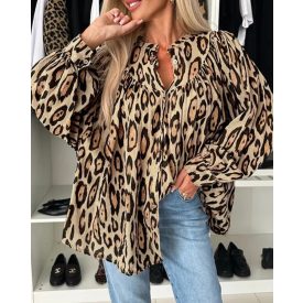   Leopard Print Round Neck Long Sleeve Front Button Blouse Casual Top