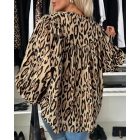 Leopard Print Round Neck Long Sleeve Front Button Blouse Casual Top