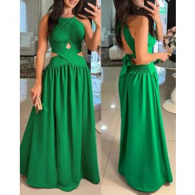   Halter Sleeveless Tied Detail Shirred Criss Cross Flared Dress Glamorous Evening Dress