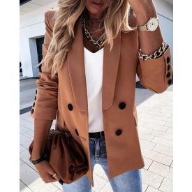 Plain Long Sleeve Double Breasted Chocolate Blazer Coat