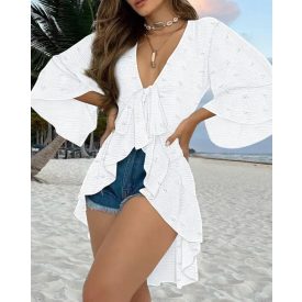   Polka Dot Print V-Neck Dip Hem Tied Detail Ruffles Hem Blouse Elegant Top