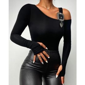   Long Sleeve Slim Fit Tops Casual Cold Shoulder Buckled Blouse Shirts