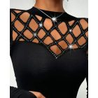 Rhinestone Hollow Out Cold Shoulder Long Sleeve Top Casual Tee