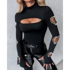Beaded Decor Cutout Long Sleeve Top
