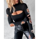 Beaded Decor Cutout Long Sleeve Top