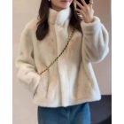 Womens High Neck Open Front Long Sleeve Faux Fur Crop Coat Soft Winter Warm Jacket Outerwear