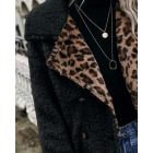 Contrast Leopard Pattern Teddy Coat Double Breasted Fleece Thermal Jacket