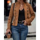 Faux Suede Stand Collar Jacket Open Front Button Decor Casual Coat