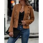 Faux Suede Stand Collar Jacket Open Front Button Decor Casual Coat