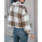 Plaid Pattern Turn-down Collar Teddy Coat Button Front Fleece Thermal Jacket