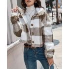 Plaid Pattern Turn-down Collar Teddy Coat Button Front Fleece Thermal Jacket