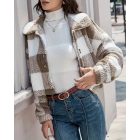 Plaid Pattern Turn-down Collar Teddy Coat Button Front Fleece Thermal Jacket