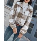 Plaid Pattern Turn-down Collar Teddy Coat Button Front Fleece Thermal Jacket