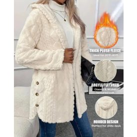   Argyle Textured Button Down Side Slit Long Sleeve Fleece Teddy Coat Hooded Jacket Warm Outwear