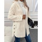 Argyle Textured Button Down Side Slit Long Sleeve Fleece Teddy Coat Hooded Jacket Warm Outwear