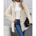 Argyle Textured Button Down Side Slit Long Sleeve Fleece Teddy Coat Hooded Jacket Warm Outwear