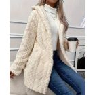 Argyle Textured Button Down Side Slit Long Sleeve Fleece Teddy Coat Hooded Jacket Warm Outwear