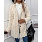 Argyle Textured Button Down Side Slit Long Sleeve Fleece Teddy Coat Hooded Jacket Warm Outwear