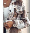 Plaid Pattern Turn-down Collar Button Front Teddy Coat