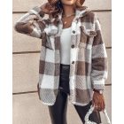 Plaid Pattern Turn-down Collar Button Front Teddy Coat