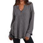 Waffle Knit Notch Neck Long Sleeve Top Slit Casual Pullover Tee with Detachable Chain