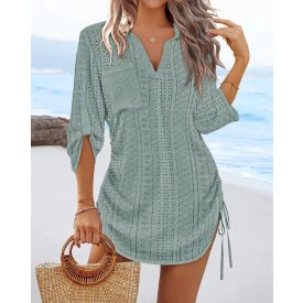   V-Neck Roll Up Sleeve Hollow-out Drawstring Mini Dress Vacation Dress
