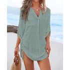 V-Neck Roll Up Sleeve Hollow-out Drawstring Mini Dress Vacation Dress
