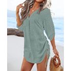 V-Neck Roll Up Sleeve Hollow-out Drawstring Mini Dress Vacation Dress