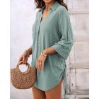 V-Neck Roll Up Sleeve Hollow-out Drawstring Mini Dress Vacation Dress