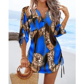   Leopard Colorblock V-Neck Roll Up Sleeve Hollow-out Drawstring Mini Dress Cover-ups
