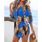 Leopard Colorblock V-Neck Roll Up Sleeve Hollow-out Drawstring Mini Dress Cover-ups