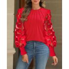 Contrast Lace Round Neck Lantern Sleeve Ruched Blouse Elegant Shirt