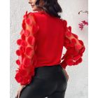 Contrast Lace Round Neck Lantern Sleeve Ruched Blouse Elegant Shirt