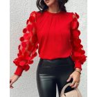 Contrast Lace Round Neck Lantern Sleeve Ruched Blouse Elegant Shirt