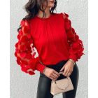 Contrast Lace Round Neck Lantern Sleeve Ruched Blouse Elegant Shirt