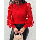 Contrast Lace Round Neck Lantern Sleeve Ruched Blouse Elegant Shirt