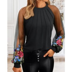   Floral Embroidery Round Neck Lantern Sleeve Blouse Sexy Sheer Mesh Patch Ruched Top