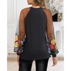 Floral Embroidery Round Neck Lantern Sleeve Blouse Sexy Sheer Mesh Patch Ruched Top