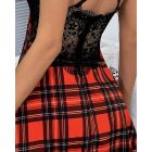 Plaid Print Crisscross Backless Sleep Dress Contrast Lace Plunge Sleeveless Nightgown Sleepwear