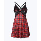 Plaid Print Crisscross Backless Sleep Dress Contrast Lace Plunge Sleeveless Nightgown Sleepwear