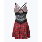 Plaid Print Crisscross Backless Sleep Dress Contrast Lace Plunge Sleeveless Nightgown Sleepwear
