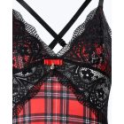 Plaid Print Crisscross Backless Sleep Dress Contrast Lace Plunge Sleeveless Nightgown Sleepwear