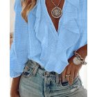 V-Neck Eyelash Lace Patch Ruffles Button Down Blouse Top