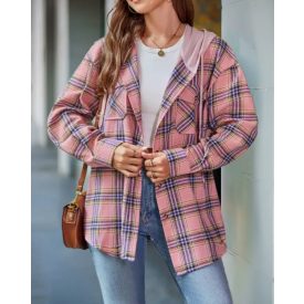 Plaid Pattern Pocket Design Button Down Hooded Shacket