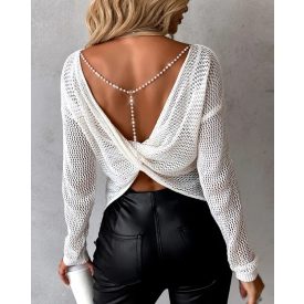   Pearls Strap Backless Twisted Knit Sweater Hollow Out Long Sleeve Top