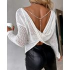 Pearls Strap Backless Twisted Knit Sweater Hollow Out Long Sleeve Top